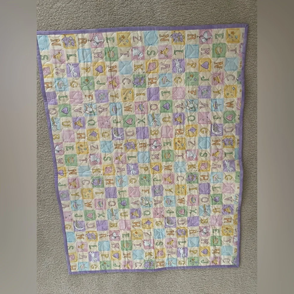 Pastel Baby Quilt Crib Blanket ABC Blocks Animals Lace Trim Reversible